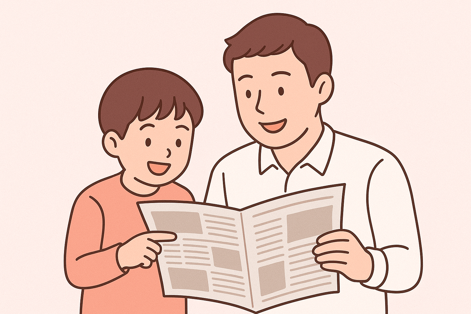 초등학생 아이가 아빠와 함께 신문을 읽으며 내용을 토론하는 따뜻한 장면