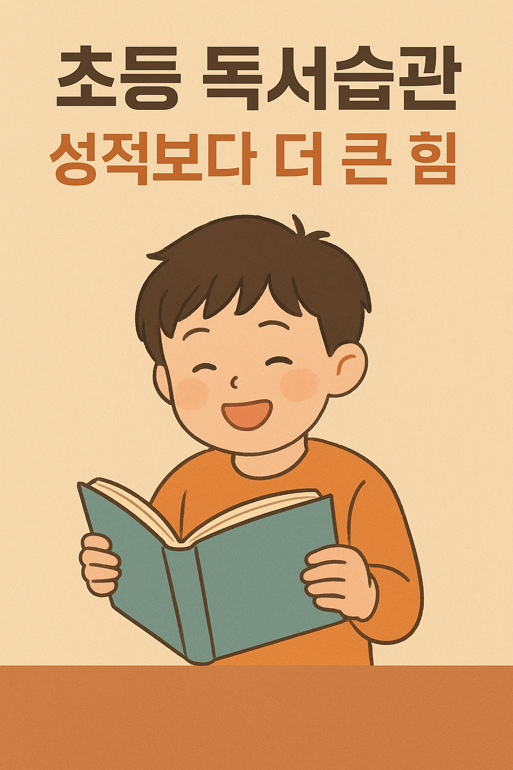 “밝게 웃으며 책을 읽는 초등 저학년 남자아이가 등장하는 따뜻한 일러스트. 상단에는 ‘초등 독서습관, 성적보다 더 큰 힘’이라는 문구가 적혀 있다.”