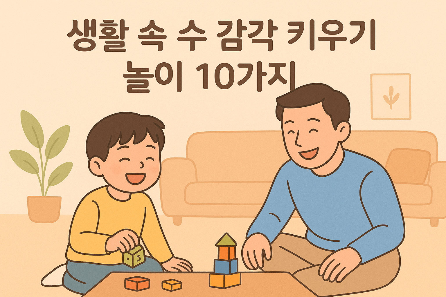 초등 저학년 아동이 아빠와 함께 블록을 쌓으며 즐겁게 수 감각을 익히는 모습. 따뜻한 파스텔톤의 일러스트로, ‘생활 속 수 감각 키우기 놀이 10가지’ 문구가 포함된 그림