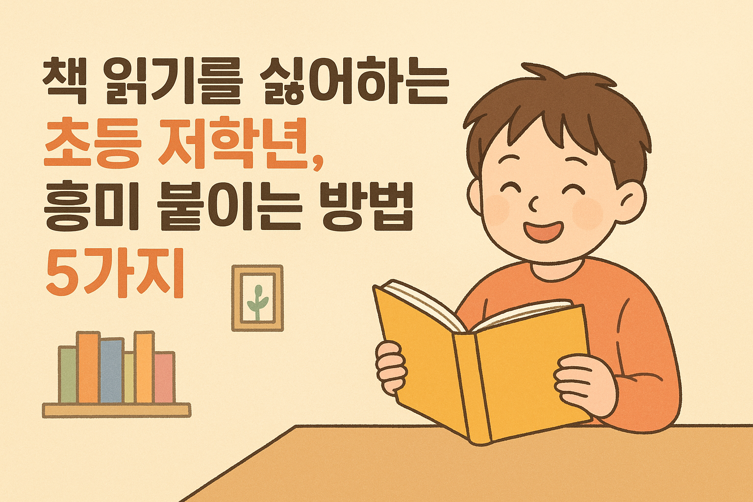 “밝은 표정으로 책을 읽으며 웃고 있는 초등 저학년 아이의 따뜻한 일러스트. ‘책 읽기를 싫어하는 초등 저학년, 흥미 붙이는 방법 5가지’라는 문구가 포함된 썸네일 이미지.”