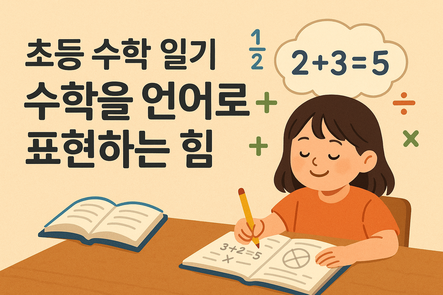 초등수학일기를 쓰는 초등학생 아이.