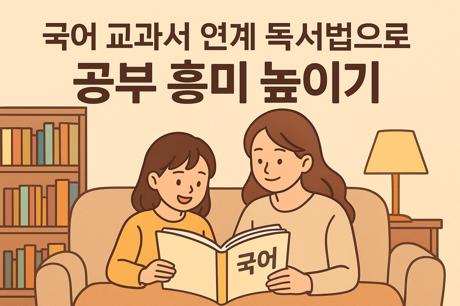 초등학생 아이가 엄마와 함께 국어 교과서를 펼쳐보며 책을 읽는 따뜻한 장면. 밝은 파스텔톤 색감, 부드럽고 따뜻한 분위기의 2D 일러스트. 책장과 스탠드, 미소 짓는 표정이 포함된 블로그용 썸네일
