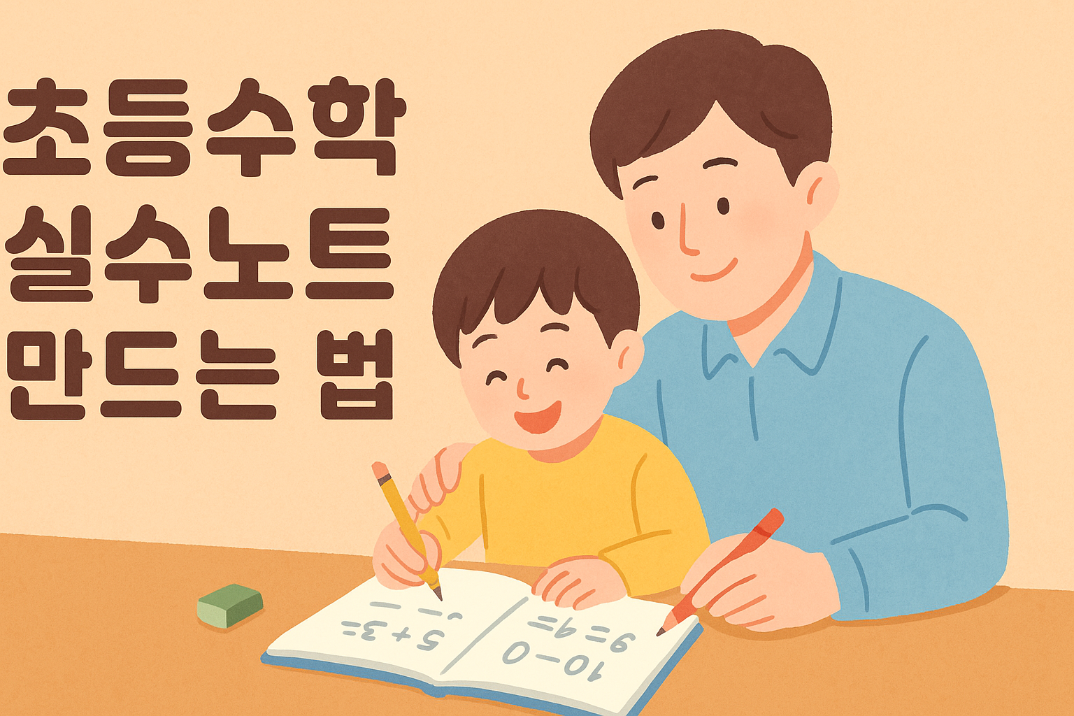 책상 위에서 초등학생 남자아이가 아빠와 함께 수학 실수노트를 정리하며 웃는 장면. 노트와 연필, 따뜻한 조명 아래 밝고 편안한 분위기. 부드러운 파스텔톤 2D 일러스트