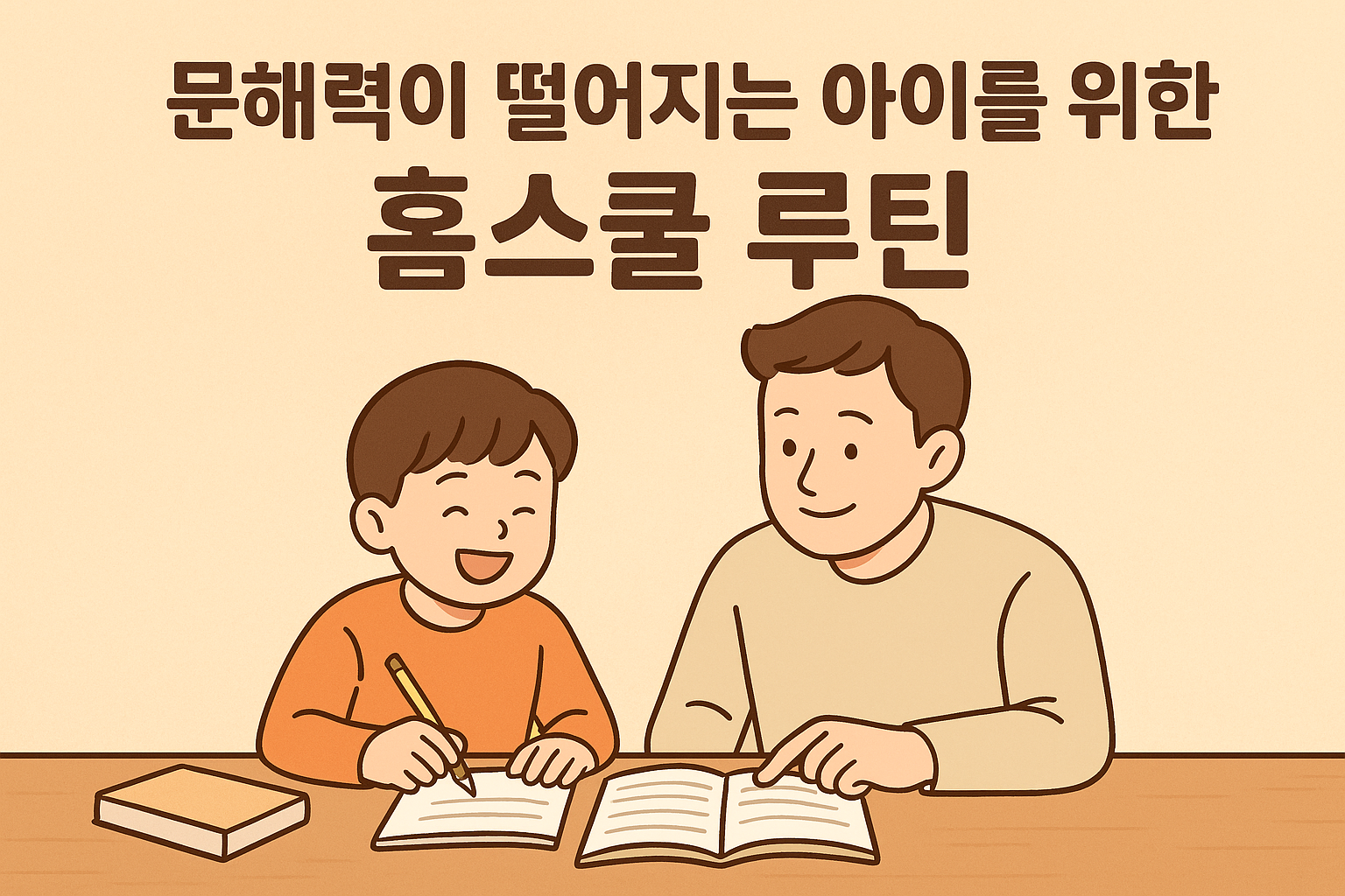 책상 위에서 초등학생 남자아이가 아빠와 함께 문해력 홈스쿨 활동(읽기·생각노트 작성)을 하며 밝게 웃는 장면. 따뜻한 파스텔톤의 2D 일러스트, 부드럽고 포근한 분위기