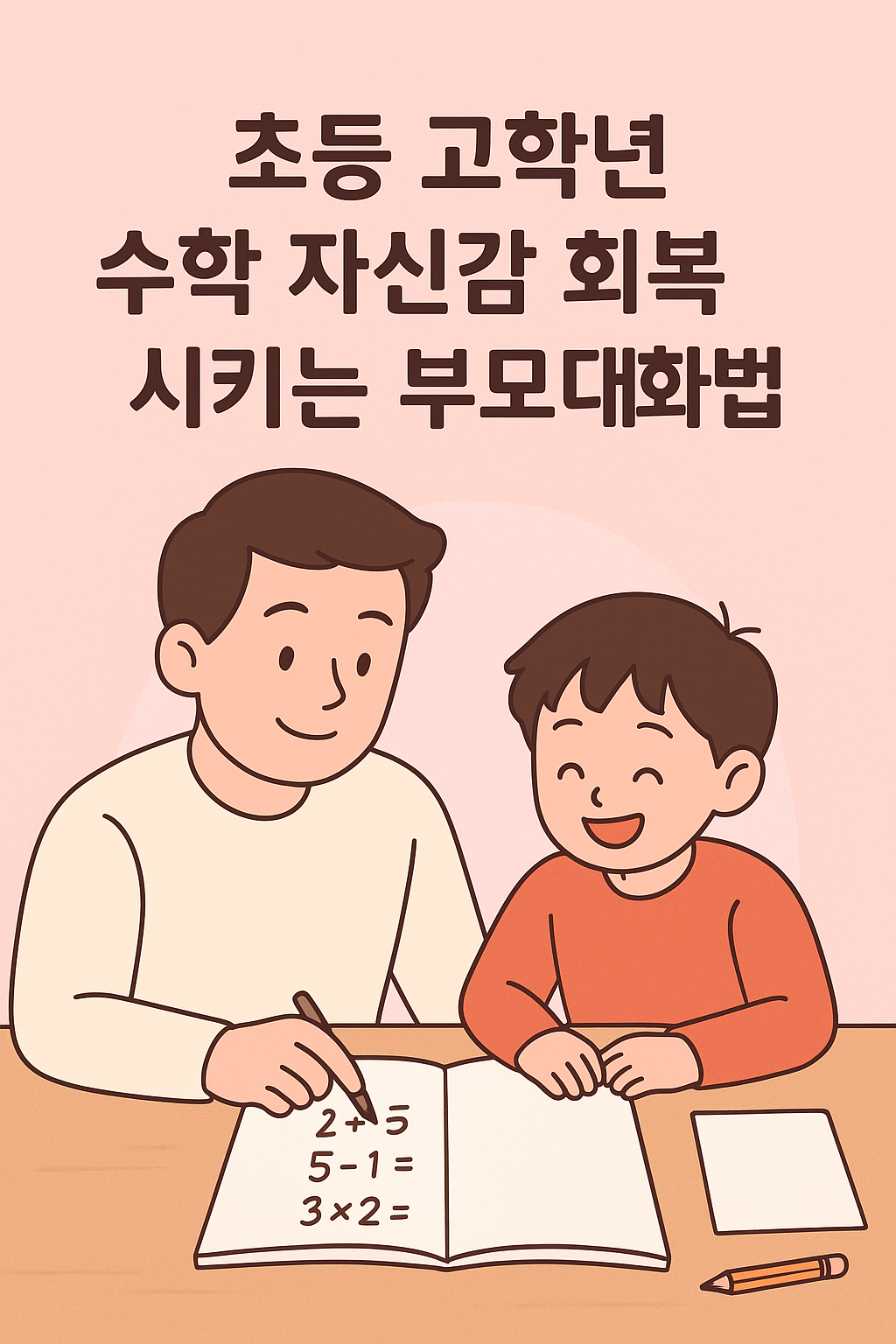 초등 고학년 아이가 부모와 식탁에서 따뜻하게 수학 문제를 풀며 웃는 장면. 부드러운 파스텔톤, 핑크 & 화이트 중심 색감, 따뜻하고 편안한 분위기, 블로그 썸네일용, 귀여운 일러스트 스타일.