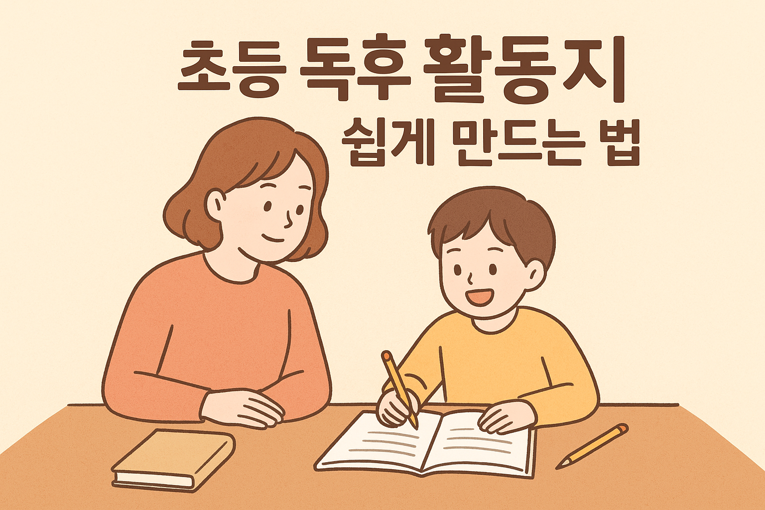 책상 앞에서 초등학생 아이가 독후활동지를 만들며 웃는 장면. 옆에서 따뜻하게 도와주는 부모의 모습. 연필과 노트가 놓여 있고, 부드러운 파스텔톤의 밝고 따뜻한 분위기. 블로그용 2D 일러스트