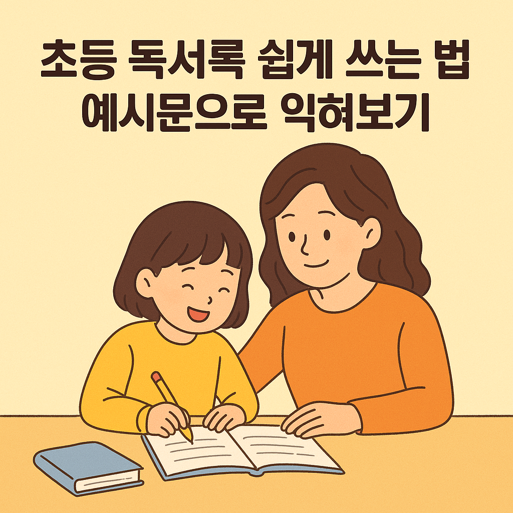 초등 저학년 아이가 엄마와 함께 책을 읽으며 독서록을 쓰는 따뜻한 장면의 일러스트