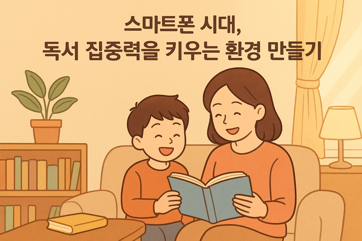 “따뜻한 파스텔톤의 2D 디지털 일러스트. 초등 저학년 아이가 엄마와 함께 거실에서 책을 읽으며 웃는 장면. 주변에는 책과 따뜻한 조명, 커튼 너머 햇살이 들어오는 분위기. 문구: ‘스마트폰 시대, 독서 집중력을 키우는 환경 만들기’ — 부드럽고 포근한 느낌의 블로그용 이미지