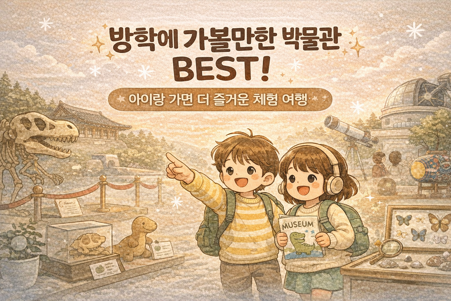 방학에 가볼만한 박물관 베스트 라는 문구가 적혀있고 두 아이가 웃으며 여행하는 이미지