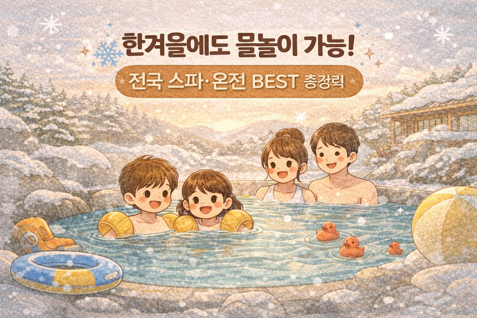 한겨울에도 물놀이 가능! 전국 스파 온전 BEST 총정리 라는 문구가 적혀있고 네식구가 재미있게 물놀이하고 있는 모습