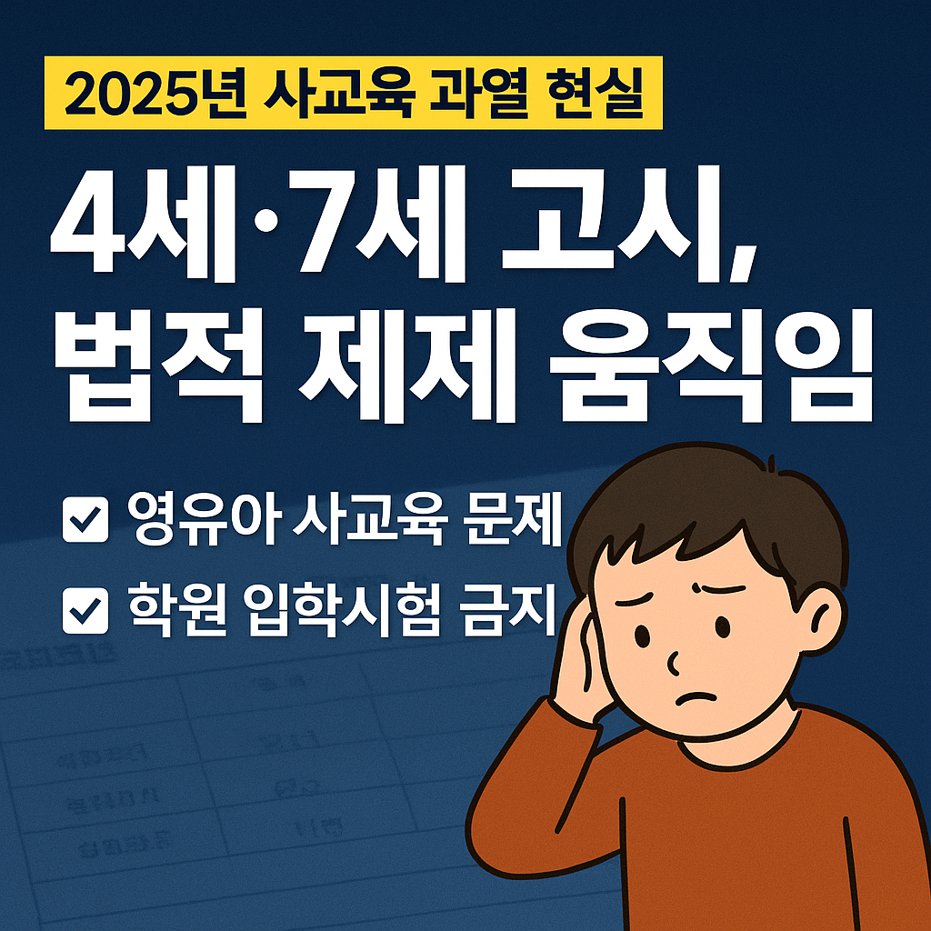 4세, 7세고시, 법적 제제 움직임이라는 문구가 적혀있고 아이가 곤란해 하는 표정을 짓고 있는 이미지