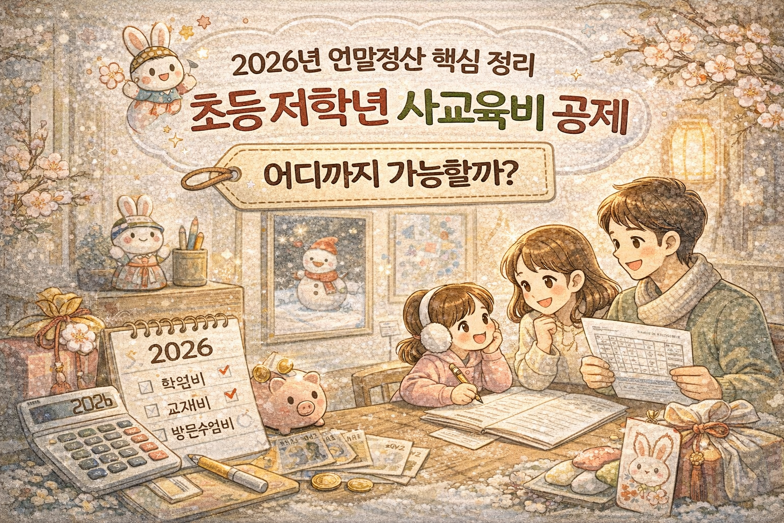 2026연말정산 핵심정리 초등 저학년 사교육비공제 라는 문구가 적혀있고 세 가족이 화목하게 서로를 바라보고 있는 모습