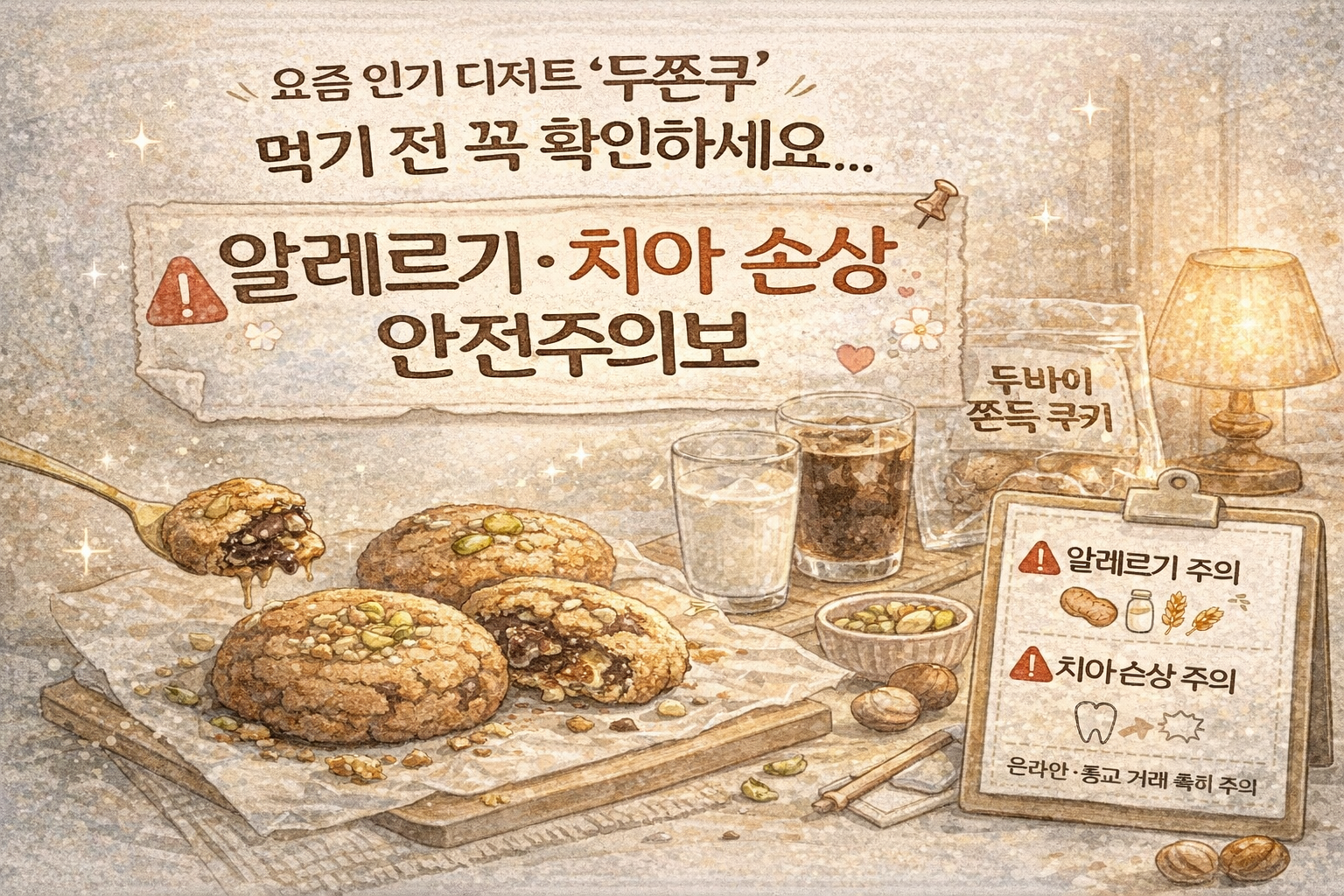 요즘인기디저트 두쫀쿠 먹기전에 확인하세요 라는 문구가 적혀있는 이미